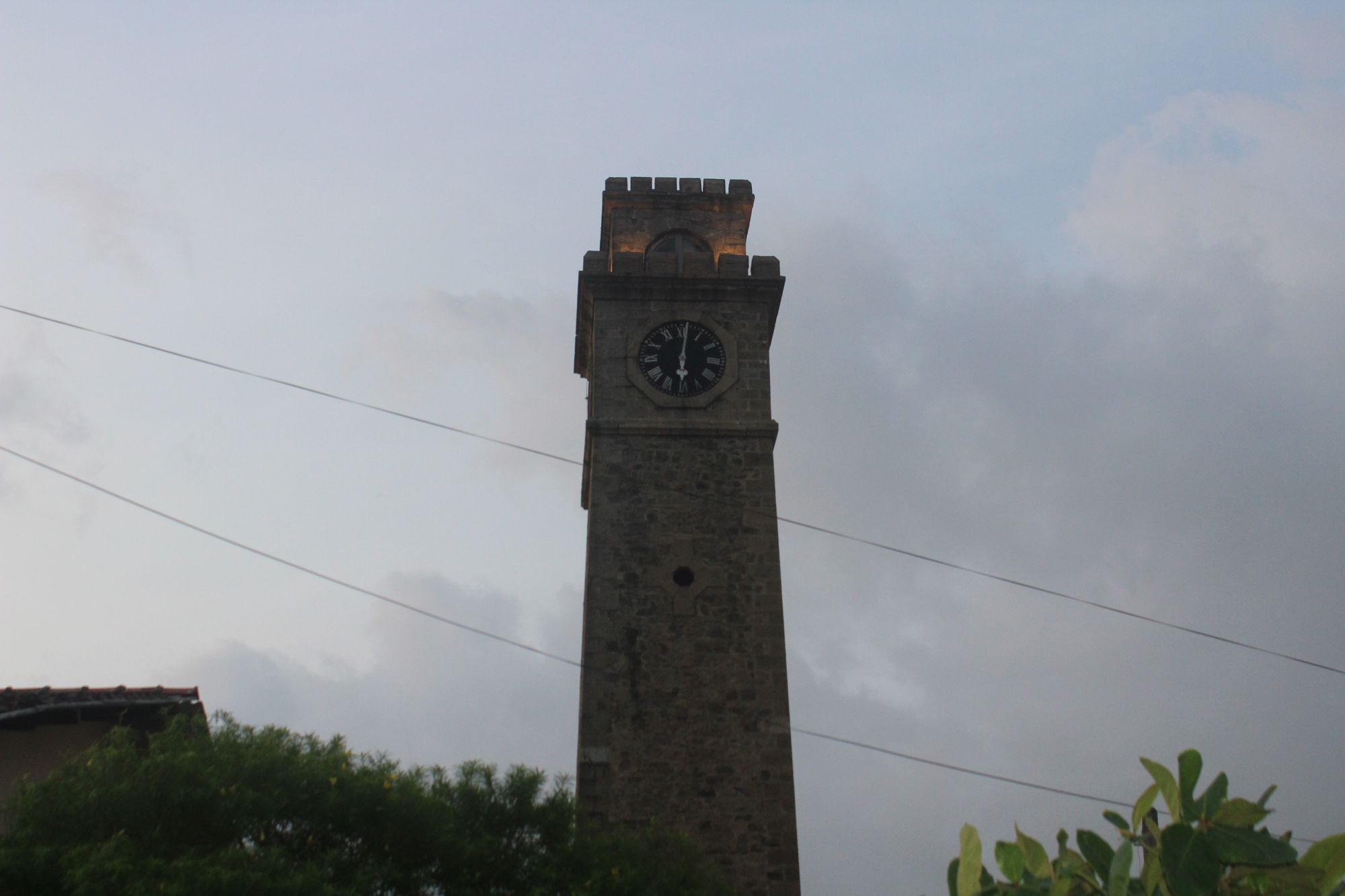 The Galle Fort clock tower during the evening.